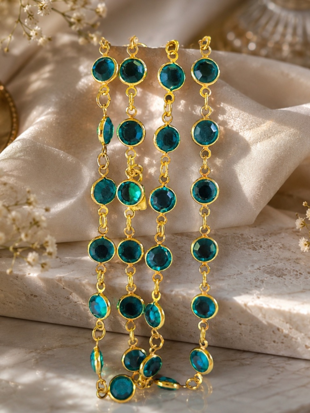 Vintage Swarovski Emerald-Cut Teal Crystal Necklace | Retro Gold-Tone Boho Chic